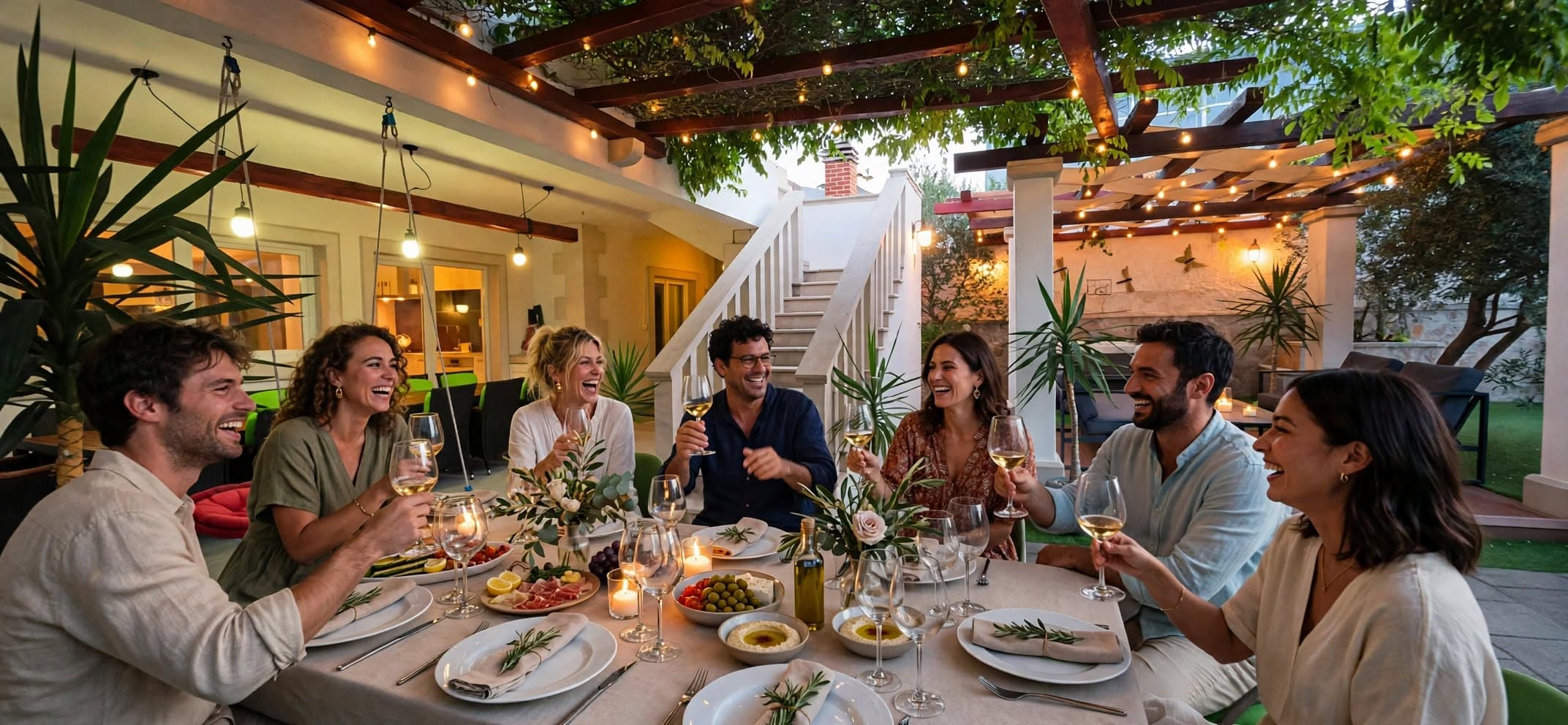 A group having dinner at the long table on the terrace